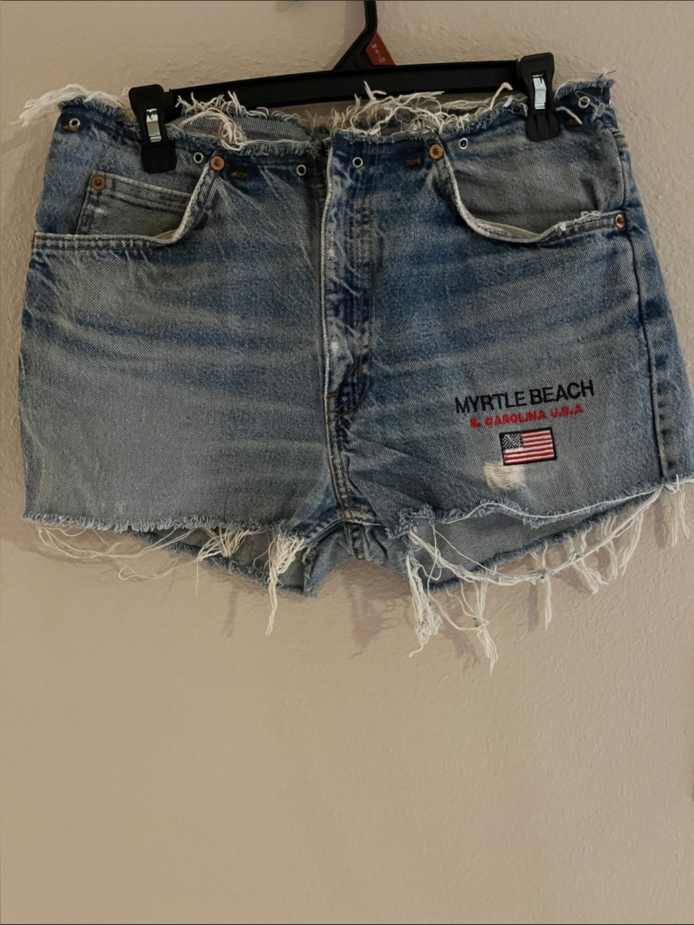 VINTAGE Levi's Distressed Denim Shorts with Myrtle Beach Embroidery - Light Blue